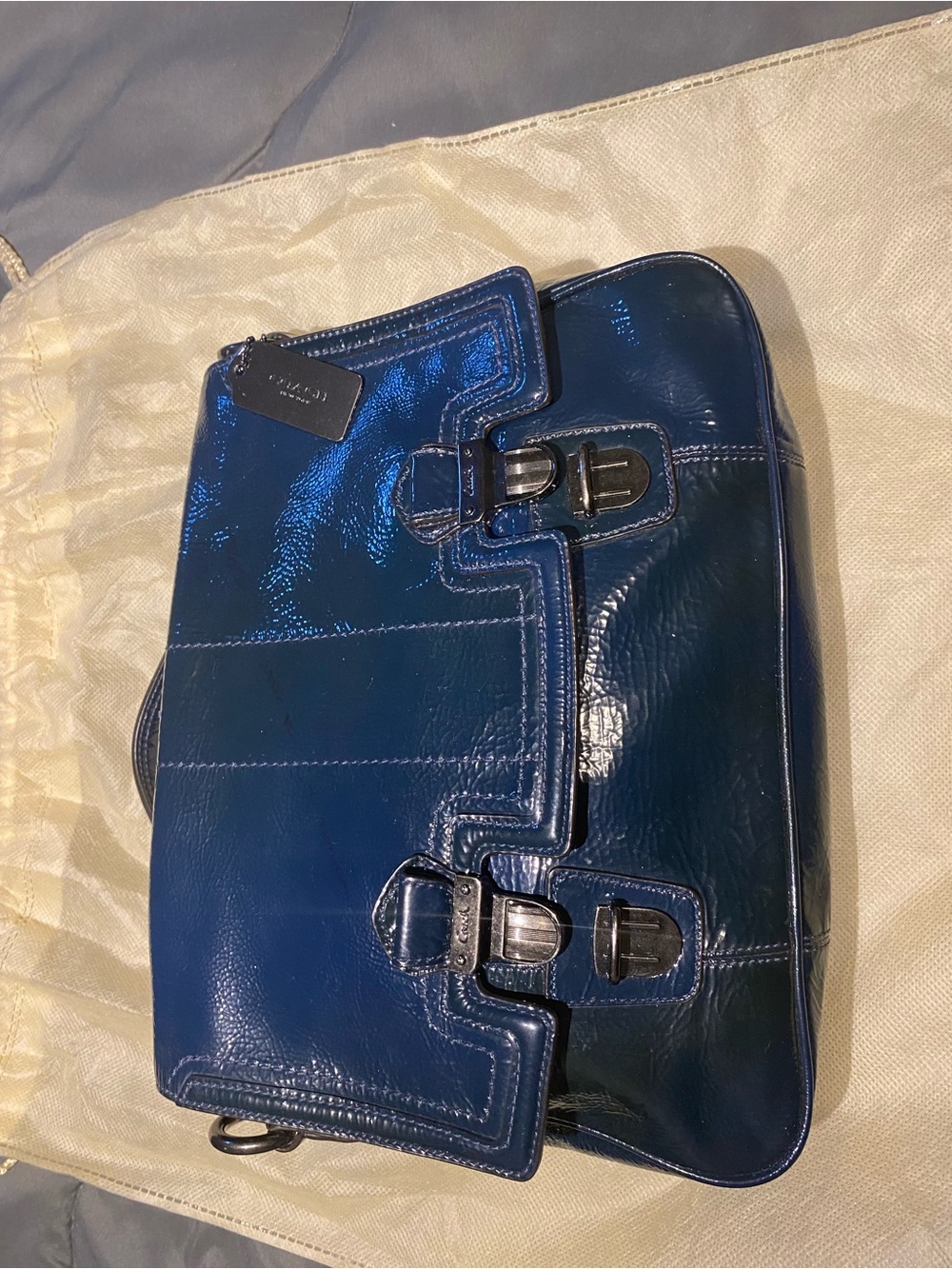 Coach Shiny Blue Patent Leather Buckle Shoulder Bag
